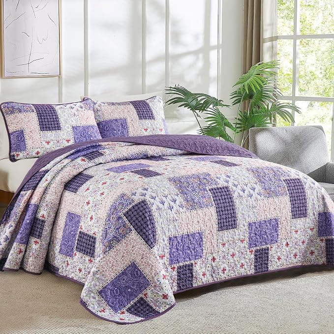 Xruibed Patchwork Quilt Set King Size 3 Pieces Plaid Floral Bedspread Coverlet - Image 2
