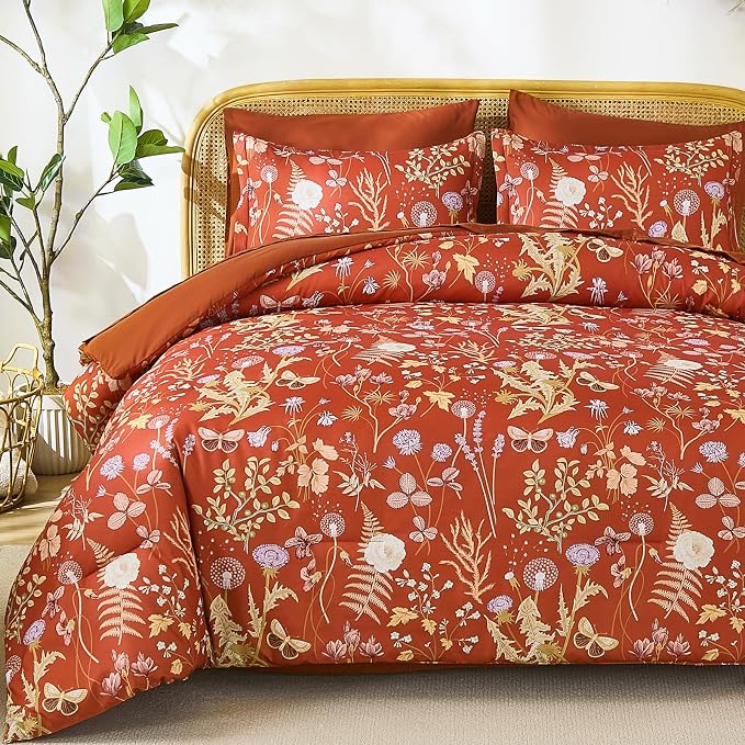Yiran Queen Comforter Set 7 Piece, Burnt Orange Floral Bedding Set, Bed in a by Yiran