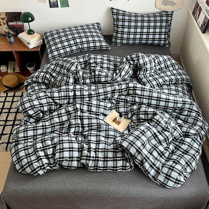 mixinni Vintage Grey & Pale Blue Buffalo Plaid Duvet Cover Set Twin XL Size - Image 2