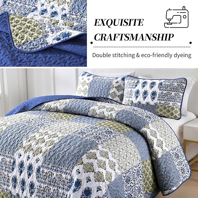 Mybedsoul Blue Quilt Set King Size 3 Pieces Boho Plaid Aqua Blue Floral - Image 3
