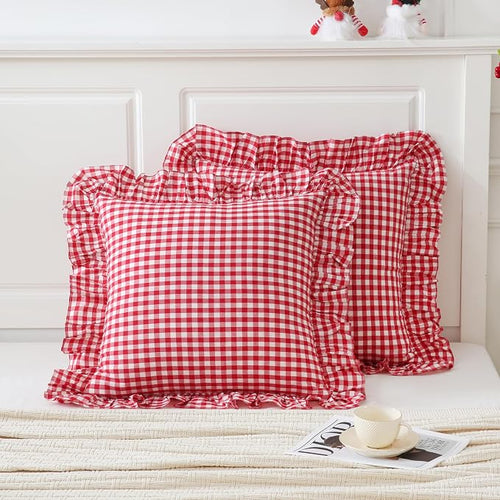 2 Pack 26x26 inches Red/White Gingham Pillow Cover 100% Washed Cotton Ruffled by Qilunn