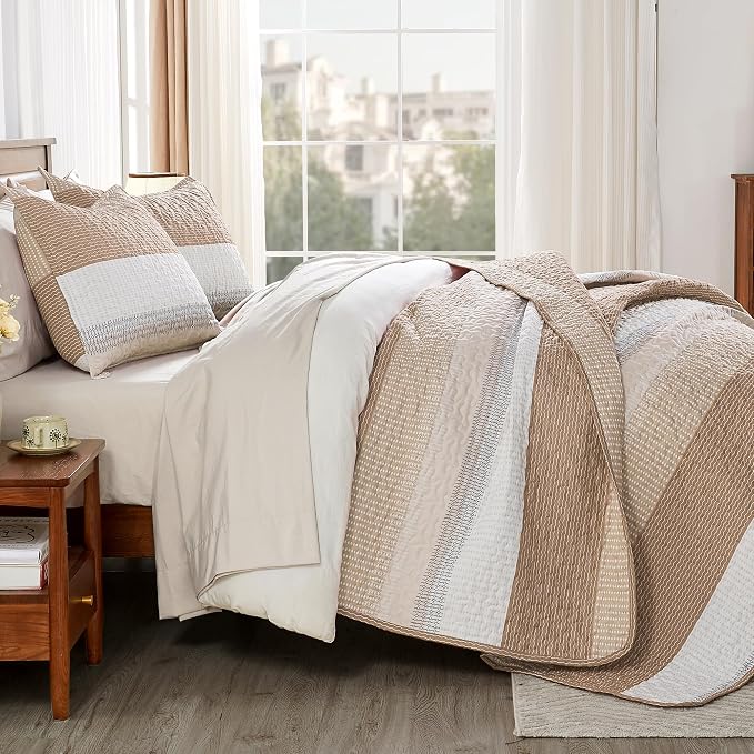 Andency Taupe Striped Quilt Queen, 3 Pieces Patchwork Bedspread Coverlet Set - Image 2