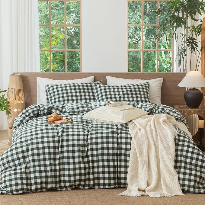 MooMee Gingham Duvet Cover Set 100% Washed Cotton Linen Like Textured by MOOMEE