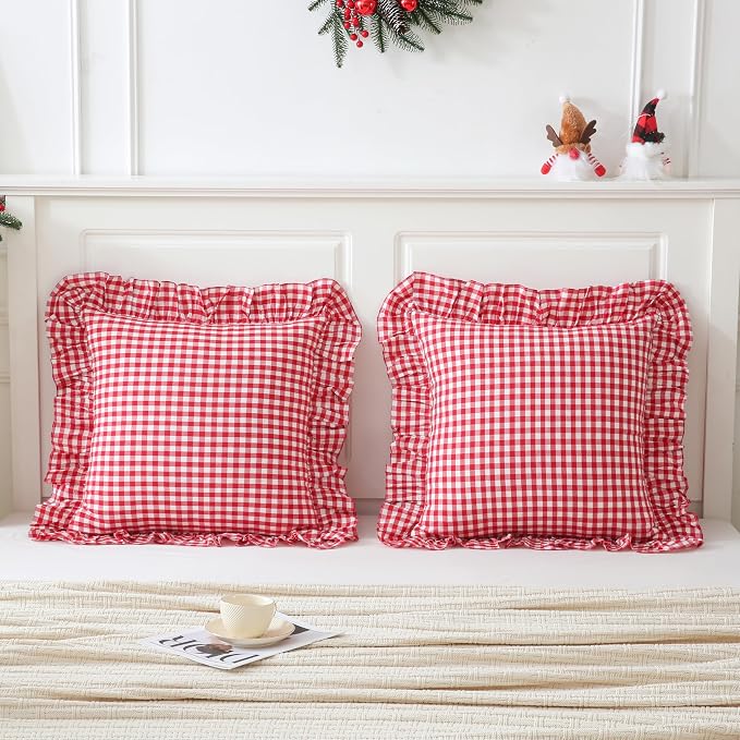 2 Pack 26x26 inches Red/White Gingham Pillow Cover 100% Washed Cotton Ruffled - Image 4