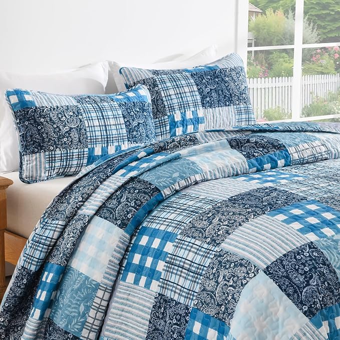 Xruibed Blue Quilt Set Queen Size 3 Pieces Plaid Floral Boho Bedspread Coverlet - Image 5