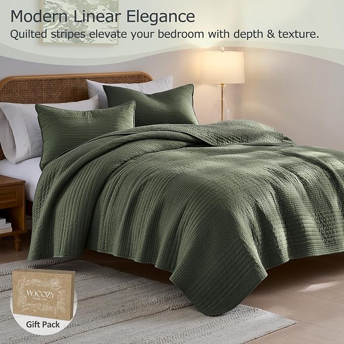 palassio Striped Olive Green 100% Cotton Quilt California Cal King Size Bedding - Image 2