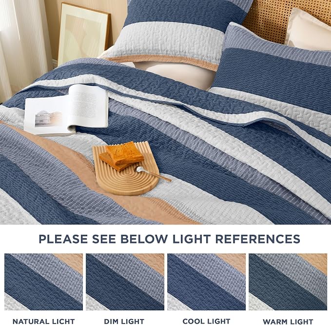 Litanika California King Quilt Set BlueO, Stripe Patchwork Summer Bedspread - Image 6
