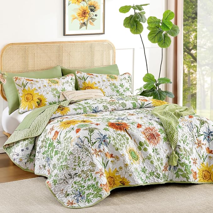Yiran Floral King Quilt Bedding Set, Sage Green Sunflower Colorful Bedspreads - Image 2