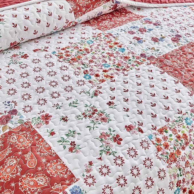 Joyreap 3 Pieces Floral Patchwork Quilt Set Twin, Burgundy Red n White Flowers - Image 7