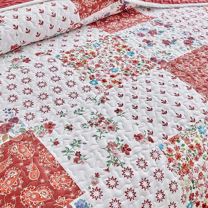 Joyreap 3 Pieces Floral Patchwork Quilt Set Twin, Burgundy Red n White Flowers - Image 7