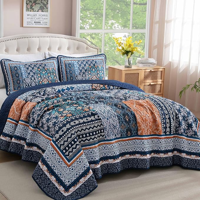 WONGS BEDDING Navy Blue Quilt Set Queen Size, Bohemian Patchwork Bedspread - Image 2