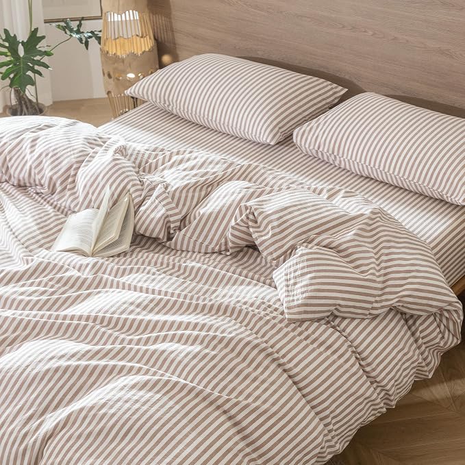 MooMee Striped Duvet Cover Set 100% Washed Cotton Linen Like Textured - Image 9