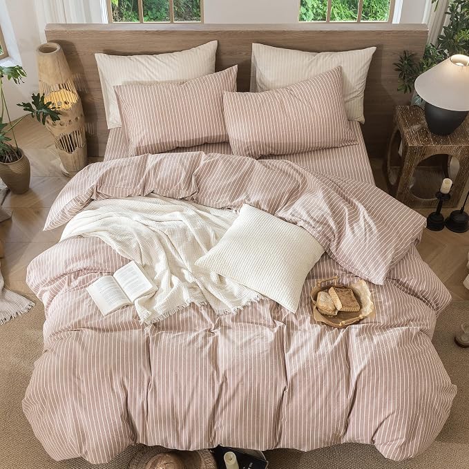 MooMee Striped Duvet Cover Set 100% Washed Cotton Linen Like Textured - Image 5