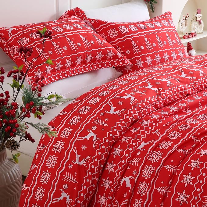 JSD Red Christmas Duvet Cover Set Queen Size, 3 Piece Snowflakes Reindeer - Image 6