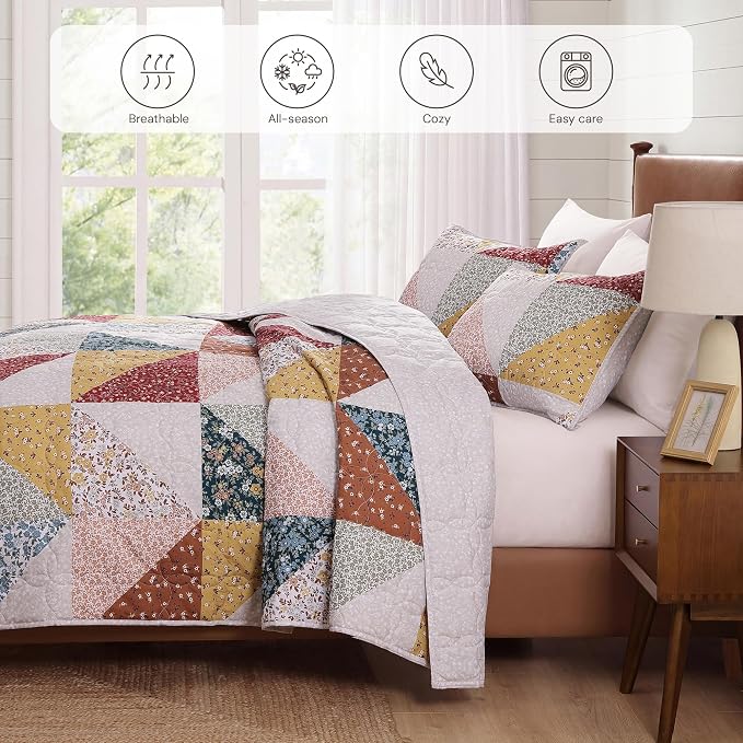 BLOOMHAVEN Quilt Set Twin Size, Patchwork Burnt Orange Floral Quilt Sets - Image 4