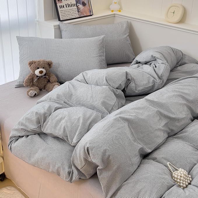 mixinni Grey Striped Duvet Cover Twin Size - Image 8