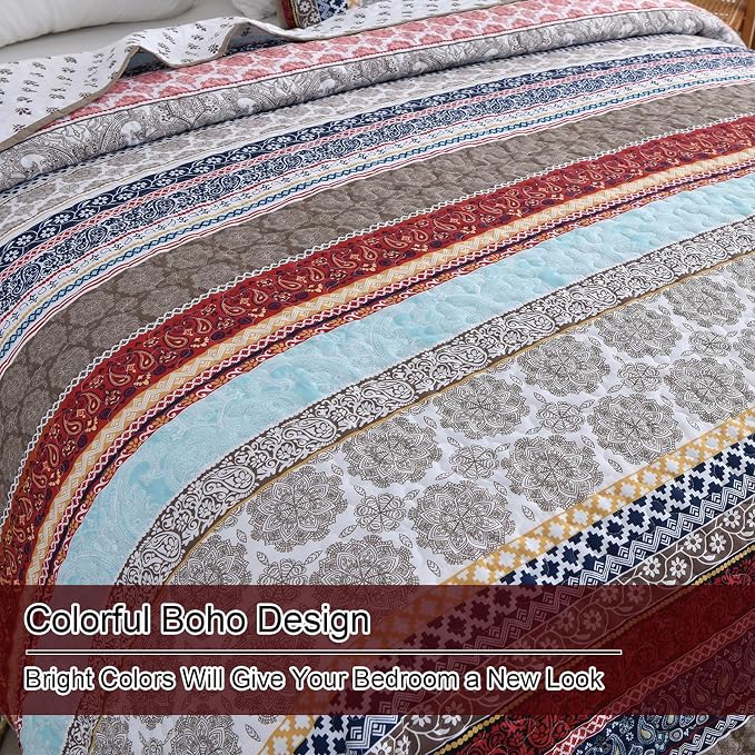 WONGS BEDDING Boho Quilt Set Queen Size, Lightweight Microfiber Bedspread - Image 6