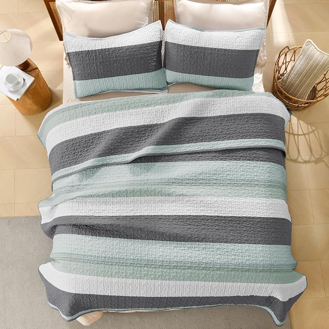 Litanika Quilt King Size Sage Green, Stripe Patchwork Summer Bedspread Coverlet - Image 3