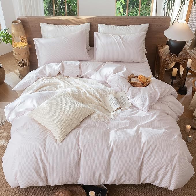MooMee Striped Duvet Cover Set 100% Washed Cotton Linen Like Textured - Image 5