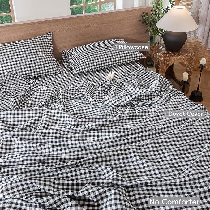 MooMee Gingham Duvet Cover Set 100% Washed Cotton Linen Like Textured - Image 2