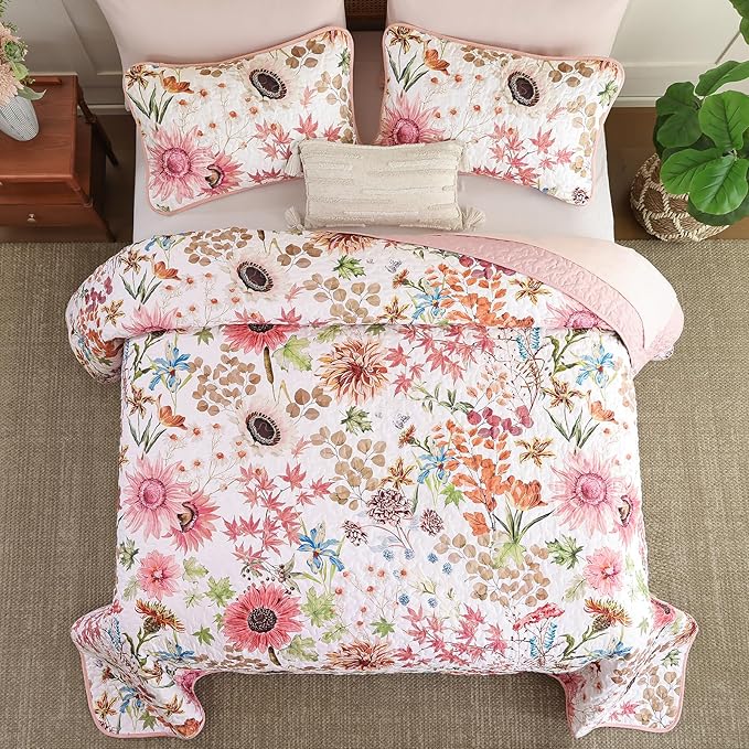 Yiran Pink Floral Quilts Queen Size, Sunflower Botanical Bedspread Bedding Set - Image 4