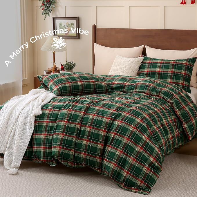 TOCOMOA Christmas Plaid Duvet Cover Set 100% Washed Cotton Like Linen Feel - Image 2