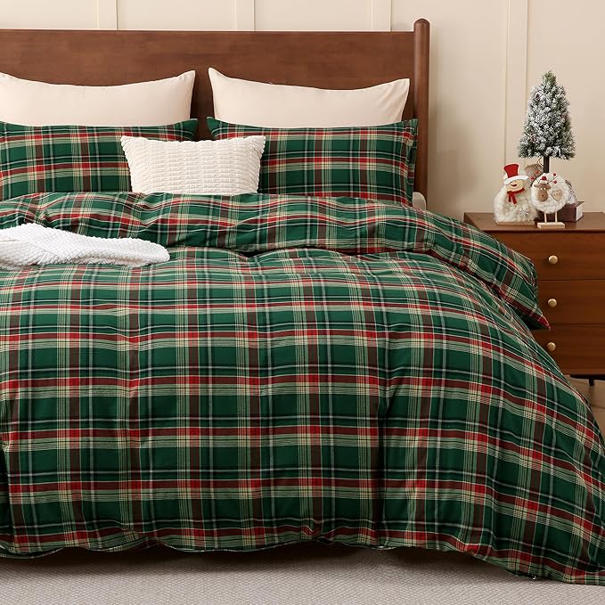 TOCOMOA Christmas Plaid Duvet Cover Set 100% Washed Cotton Like Linen Feel by TOCOMOA