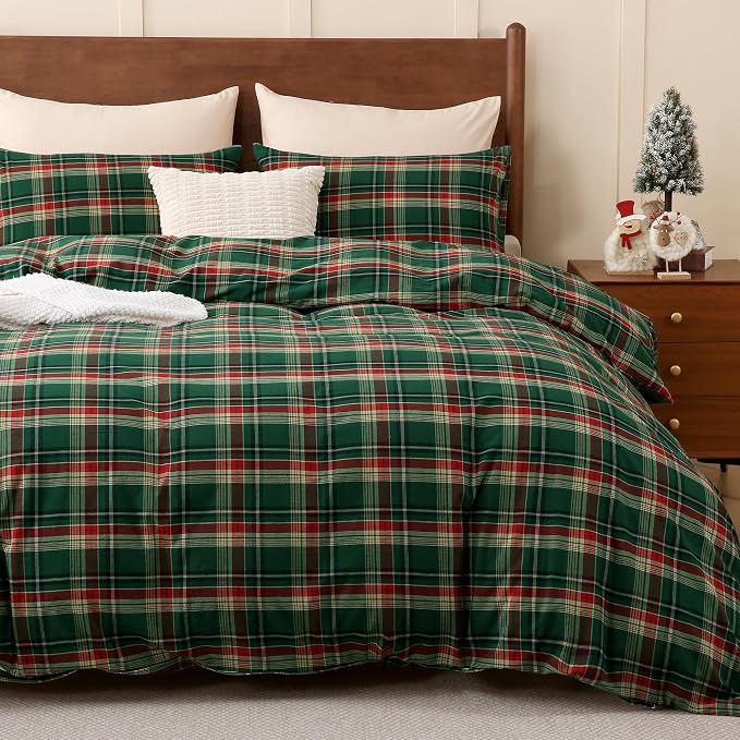 TOCOMOA Christmas Plaid Duvet Cover Set 100% Washed Cotton Like Linen Feel by TOCOMOA