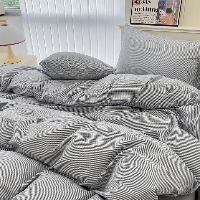 mixinni Grey Striped Duvet Cover Queen Size - Image 5