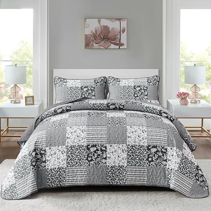 Mybedsoul Black Grey Boho Quilt Set Queen Size, 3 Pieces Plaid Floral Bedspread by Mybedsoul