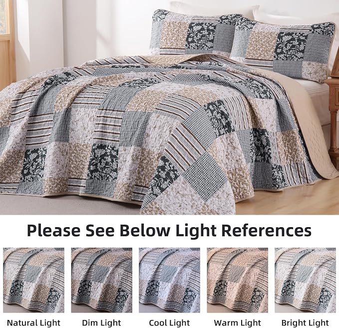 Mybedsoul Patchwork Quilt Set Queen Size, 3 Pieces Blue Brown Floral Plaid - Image 9