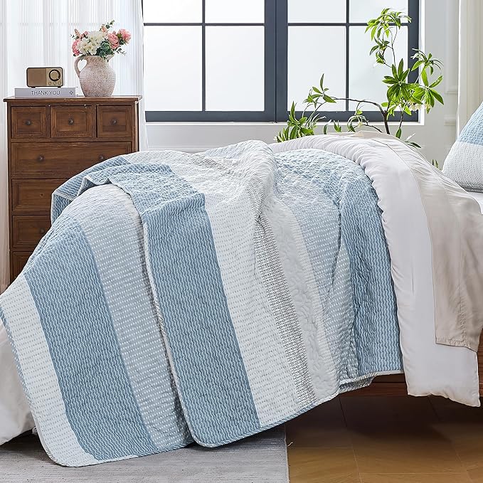 Andency Queen Quilt Bedding Set Misty Blue, 3 Pieces Patchwork Summer Striped - Image 2