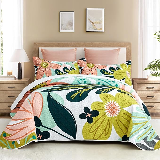 Tyrot 3 Piece Boho Floral Californial King Size Quilt Sets Farmhouse Reversible by TyrotHomeDecor