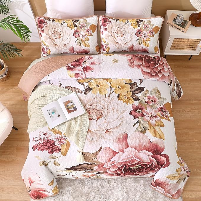 WONGS BEDDING Blush Floral Quilt Set Queen, Elegant Flower Bedspread Coverlet - Image 2
