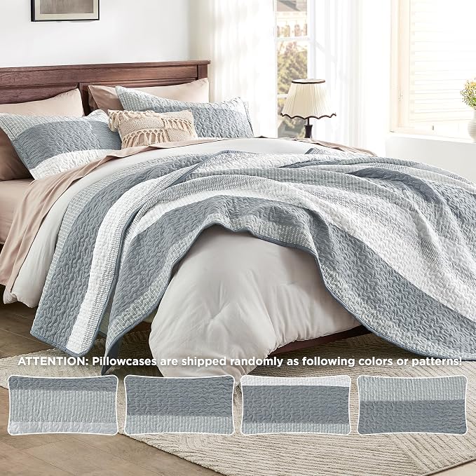Andency Grey Striped Quilt Queen, 3 Pieces Patchwork Bedspread Coverlet Set - Image 8