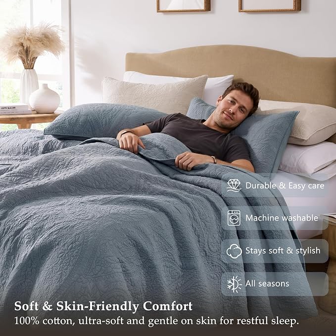 PALASSIO Dusty Blue Paisley 100% Cotton Quilt Queen Size Bedding Set - Image 5