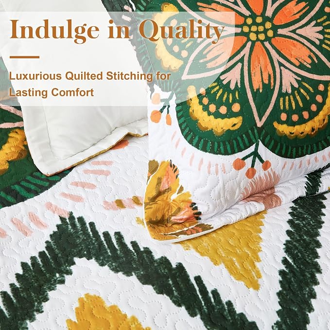 Tyrot 3 Piece Boho Floral Full/Queen Quilt Sets Farmhouse Botanical Reversible - Image 4