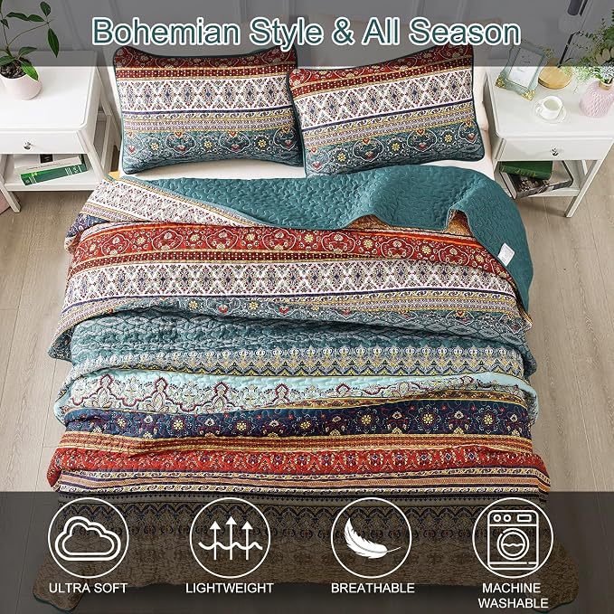 WONGS BEDDING Boho Quilt Set Twin Size, Lightweight Microfiber Bed Decor - Image 4
