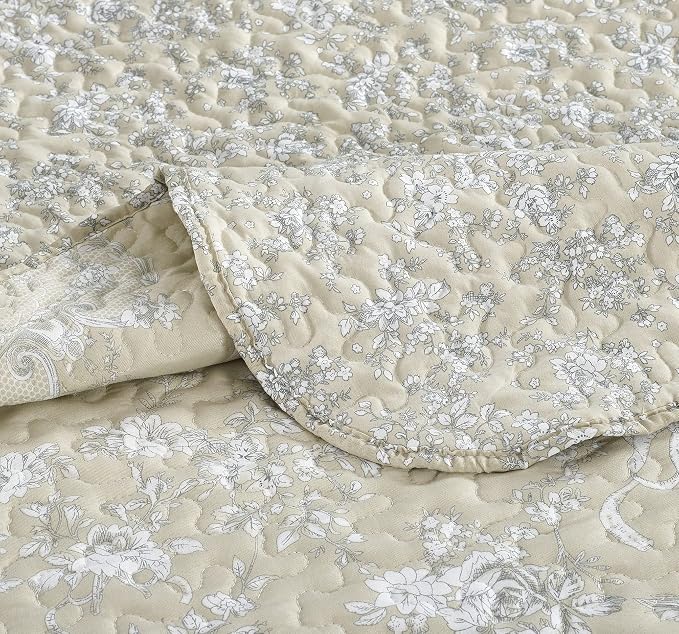 Brilliant Sunshine Classic Grey Floral Toile in Beige Background, 3-Piece Quilt - Image 6