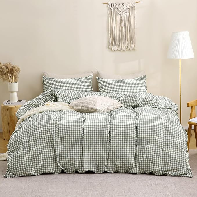TOCOMOA Green Gingham Duvet Cover Bedding Set 100% Washed Cotton Like Linen - Image 3