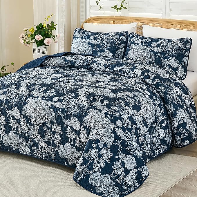 WONGS BEDDING Quilt Set King Size, 3 Pieces Navy Blue Botanical Floral Printed by WONGSBEDDING