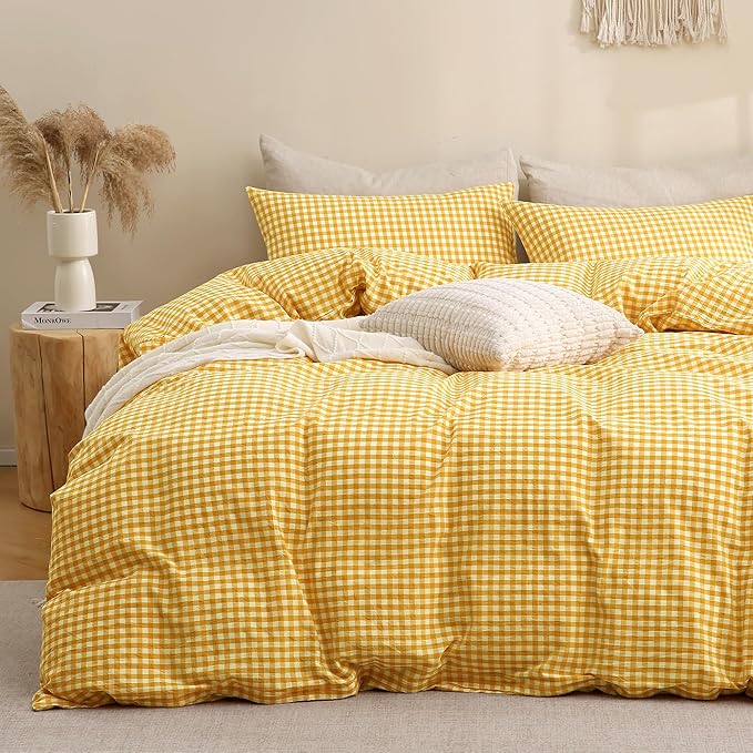 TOCOMOA Yellow Gingham Duvet Cover Bedding Set 100% Washed Cotton Like Linen by TOCOMOA