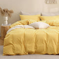 TOCOMOA Yellow Gingham Duvet Cover Bedding Set 100% Washed Cotton Like Linen by TOCOMOA