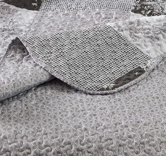 Brilliant Sunshine Grey Toile Floral Patchwork, 3-Piece Quilt Set - Image 6