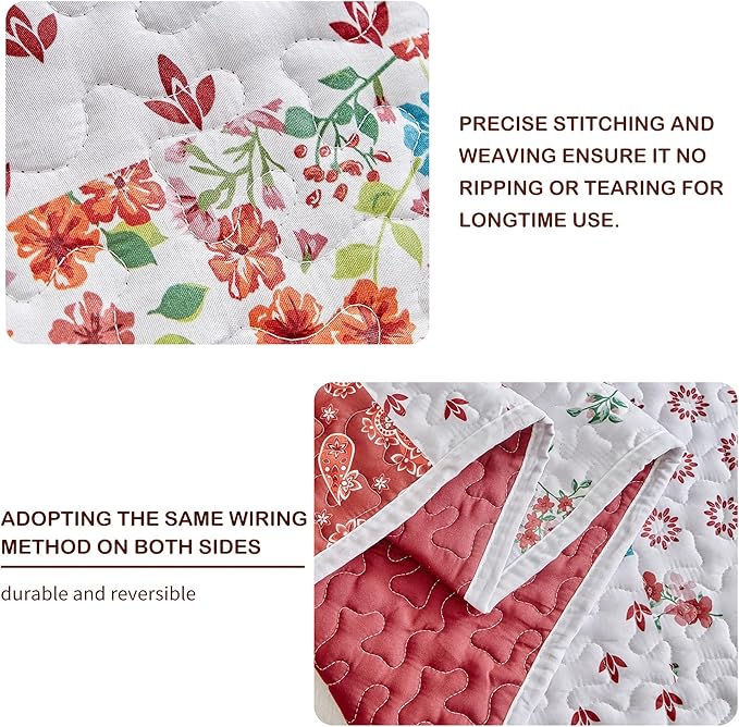 Joyreap 3 Pieces Floral Patchwork Quilt Set Twin, Burgundy Red n White Flowers - Image 4