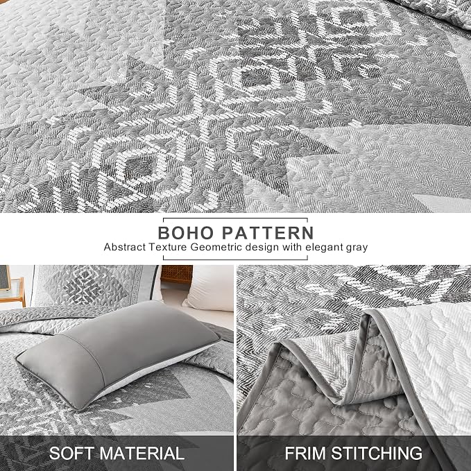 Dintszyayue Grey Quilt Set Queen Size 3 Pieces Boho Aztec Quilt Set Queen Gray - Image 4