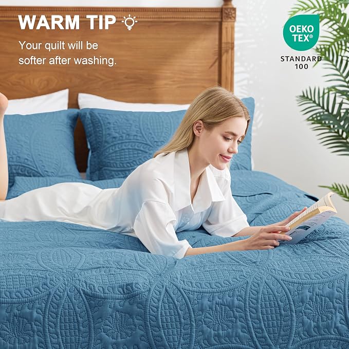 Love's cabin Oversized King Size Quilt Bedding Set Misty Blue Bedspreads - Image 4