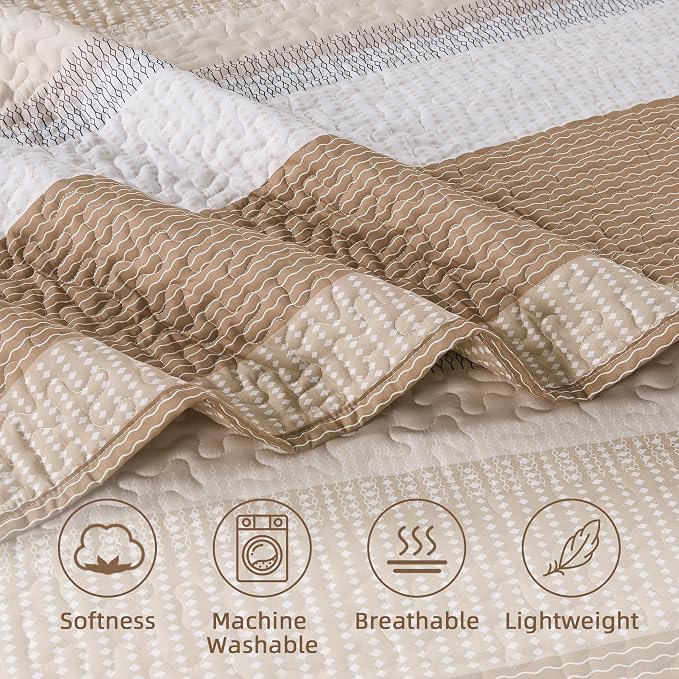 Andency Taupe Striped Quilt Queen, 3 Pieces Patchwork Bedspread Coverlet Set - Image 5