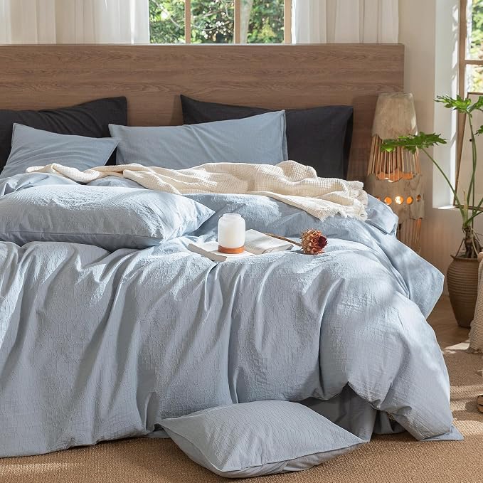 MooMee Wavy Striped Duvet Cover Set 100% Washed Cotton Linen Like Textured - Image 7