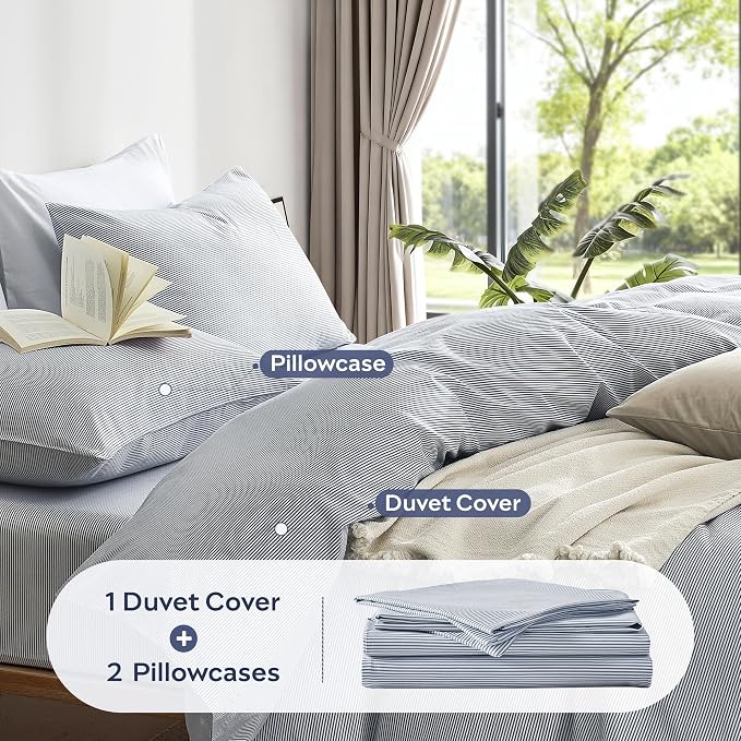 JELLYMONI 100% Natural Cotton 3pcs Striped Duvet Cover Sets, - Image 4